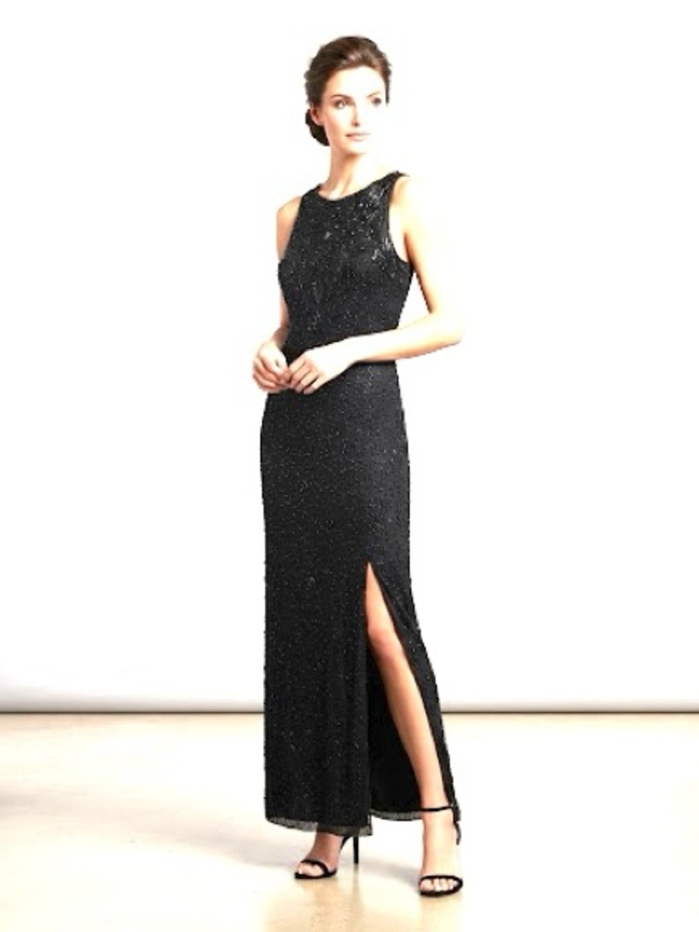 Papell Boutique Black Sequin Sleeveless Maxi Gown with Slit size P10